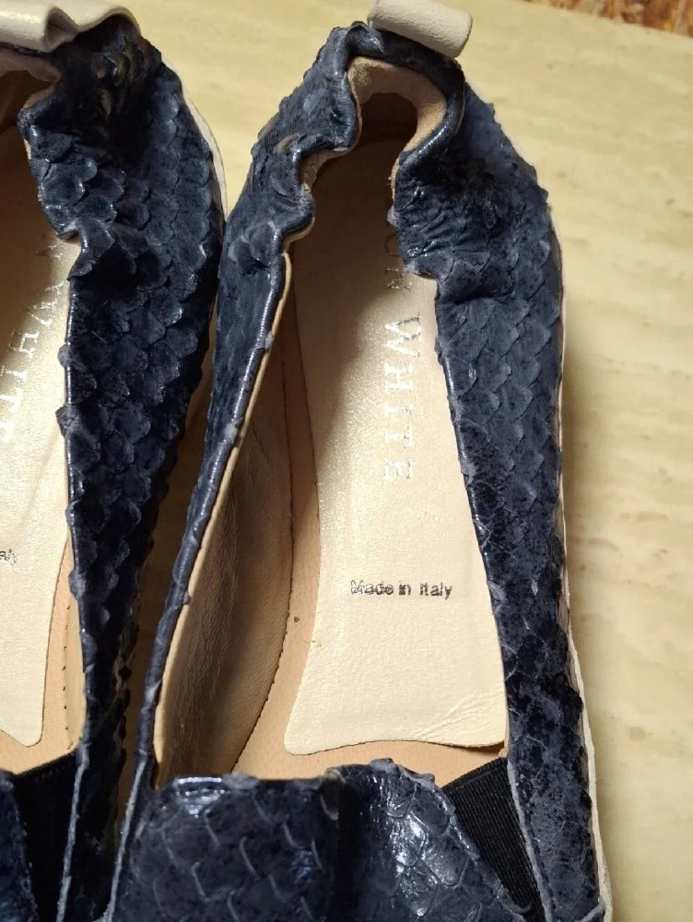 Ron White Navy Snake-Embossed Slip-On Flats with Cream Sole Size 38
